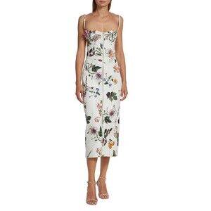 $9490 Oscar de la Renta Sleeveless Lamb Leather Midi Dress White Floral Size 10